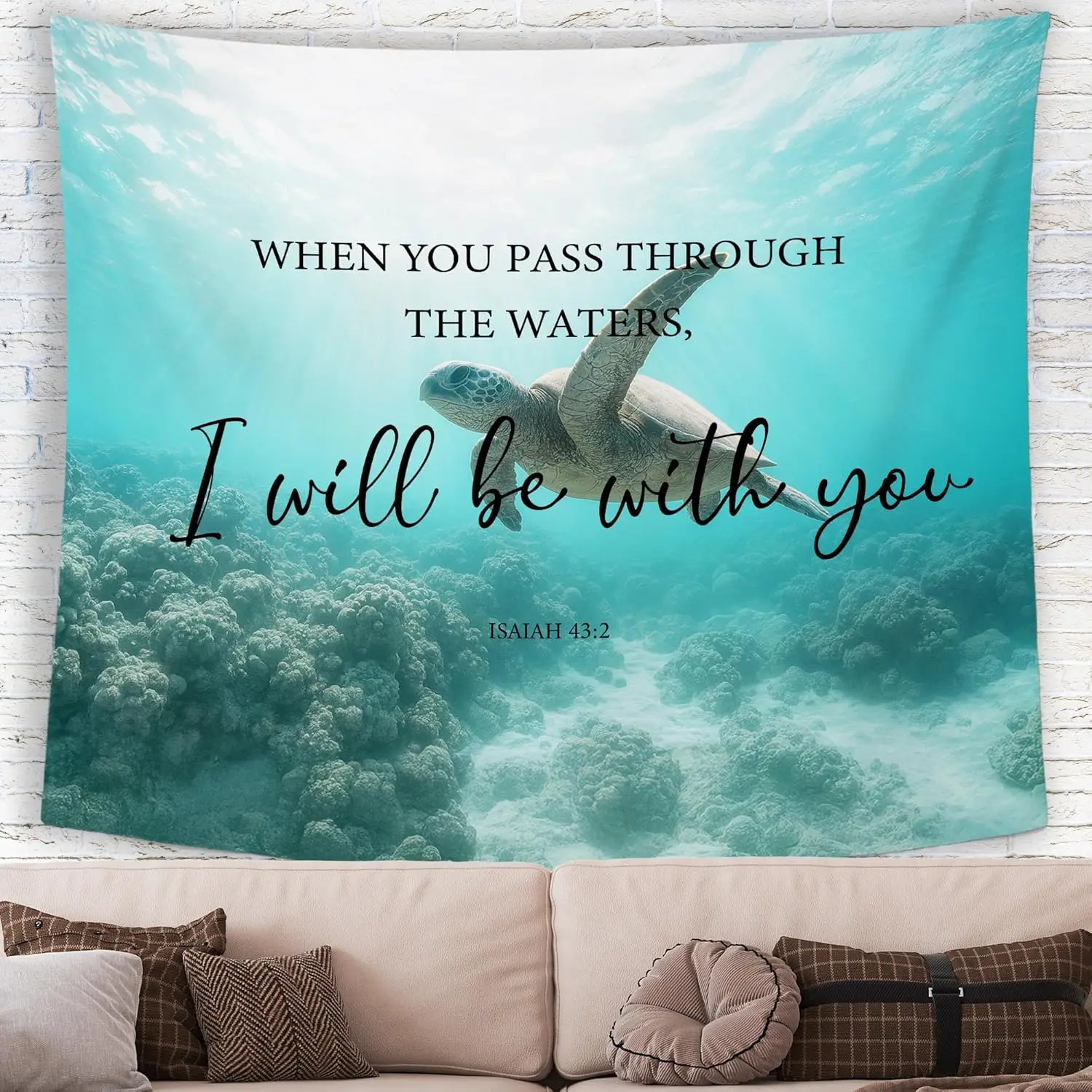 Large Ocean Sea Turtle Tapestry Boho Wall Hanging Inspirational Bible Verse Quote Christian Nursery Decor Art