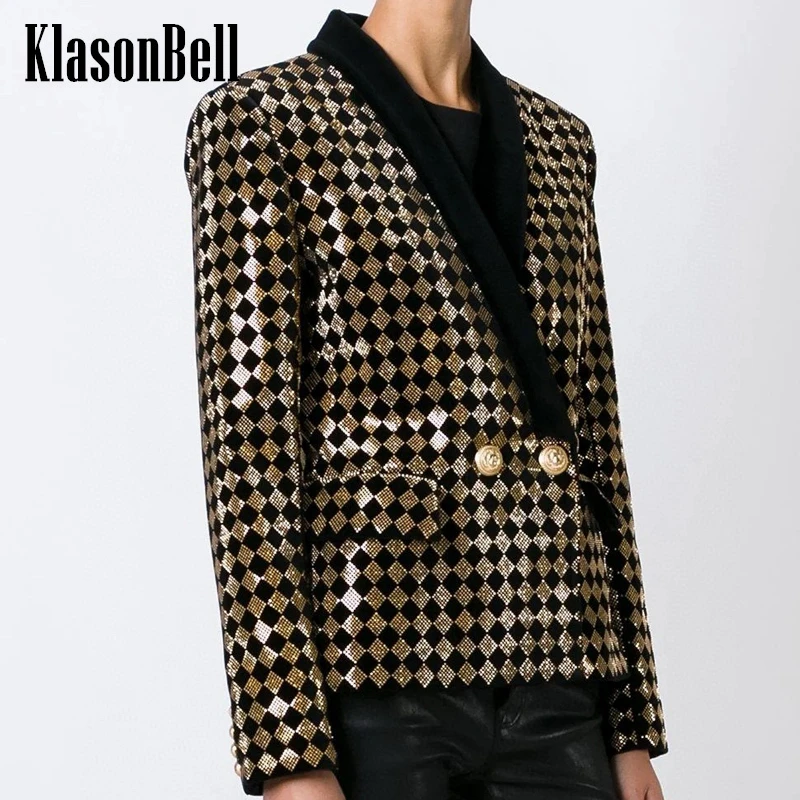 

3.20 KlasonBell Luxury Gold Diamonds Argyle Plaid Slim Jacket Women Clothes Chic Lapel Collar Double Breasted Velvet Blazer