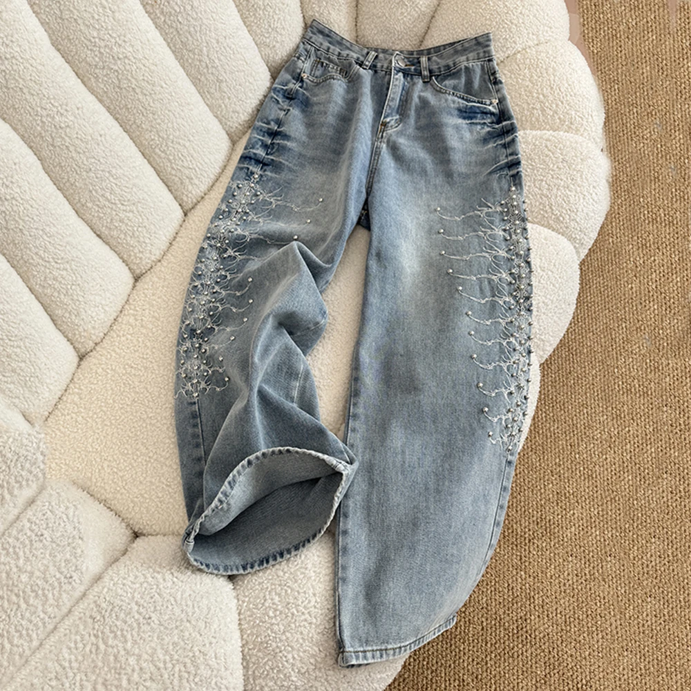 

Джинсы с заклепками в американском стиле, женские высококачественные дизайнерские джинсы с вышивкой из бисера, свободные прямые широкие брюки