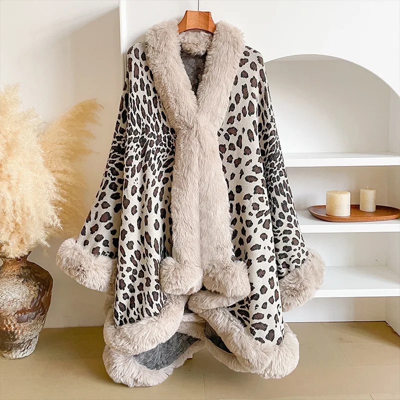 

Women Plus Size Asymmetrical Knit Poncho Cape Coat Fake Otter Rabbit Fur Collar Leopard Print Jacquard Shawl Cardigan