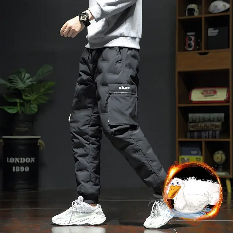 Men's Winter Pants Duck Down Padded Pants Thick Warm Black Loose Jogger Windproof High Waist Elastic Thermal Down Trouser Male