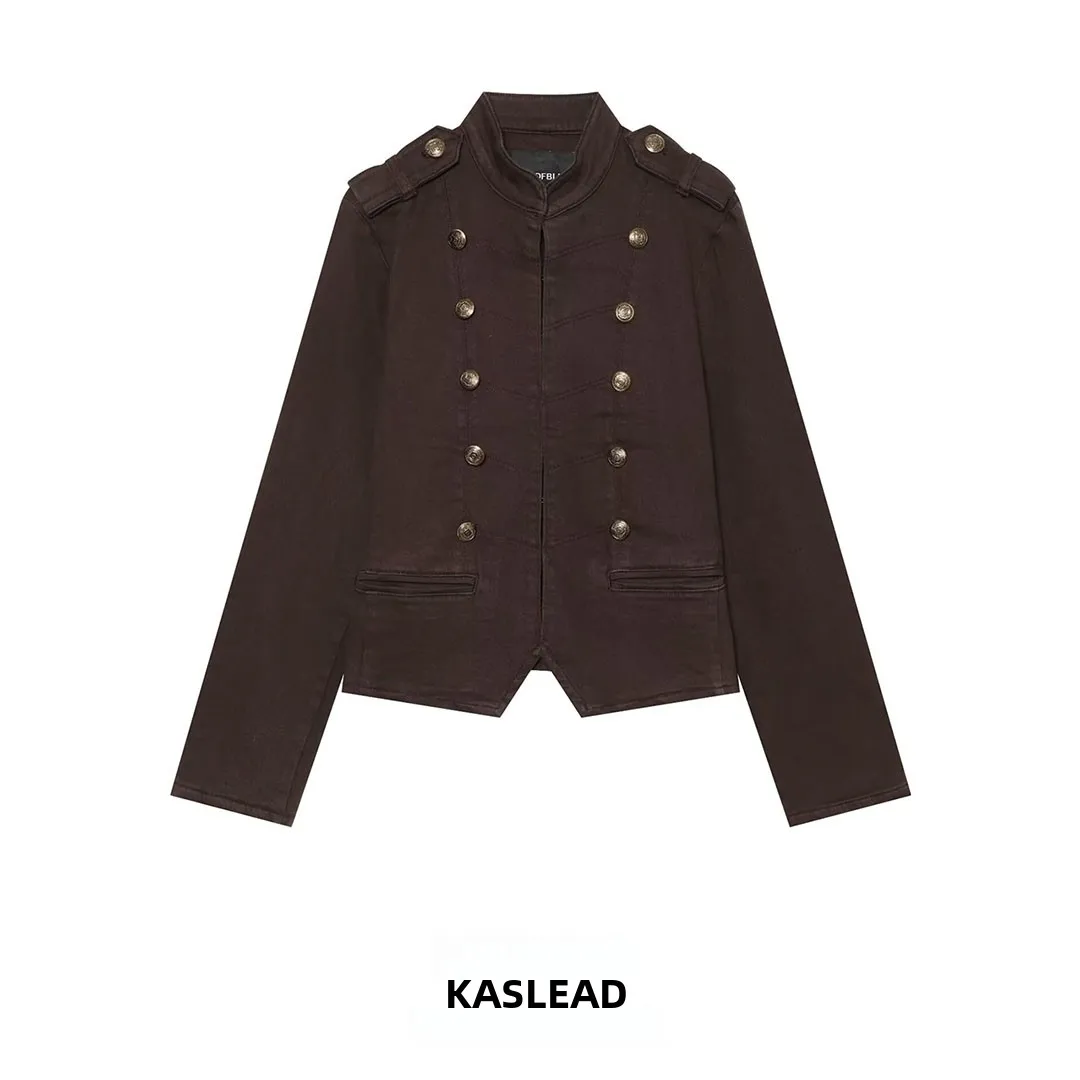 KASLEAD New Women's Fashion High Waist Napoleon Jacket Denim Style Long Sleeve Double Button Polyester Fiber Short Coat