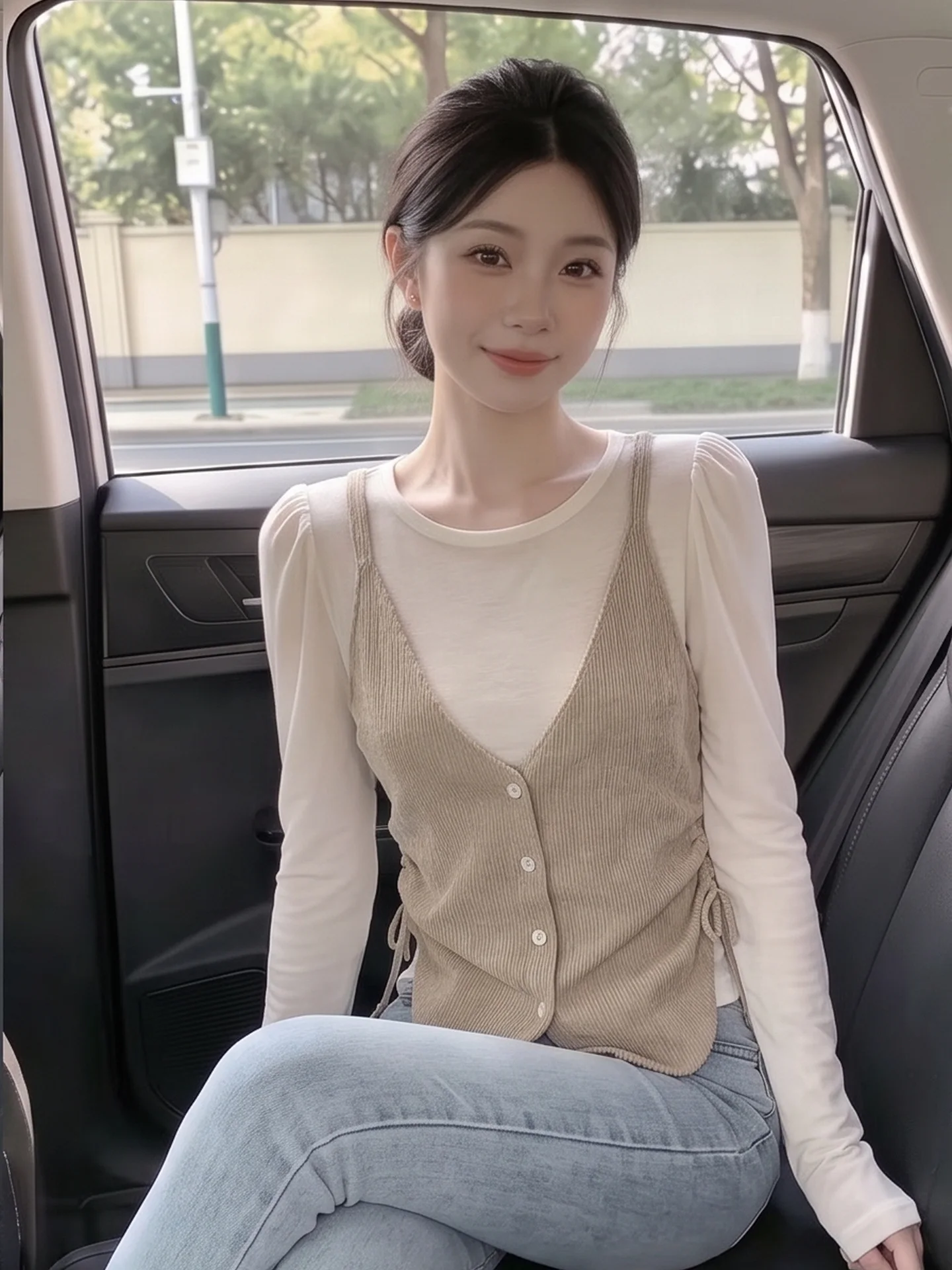 Korean Style Long Sleeve V-Neck Knitted Top Women's Slim Fit Drawstring Waist Design Sense City Walk Suitable Autumn Wear