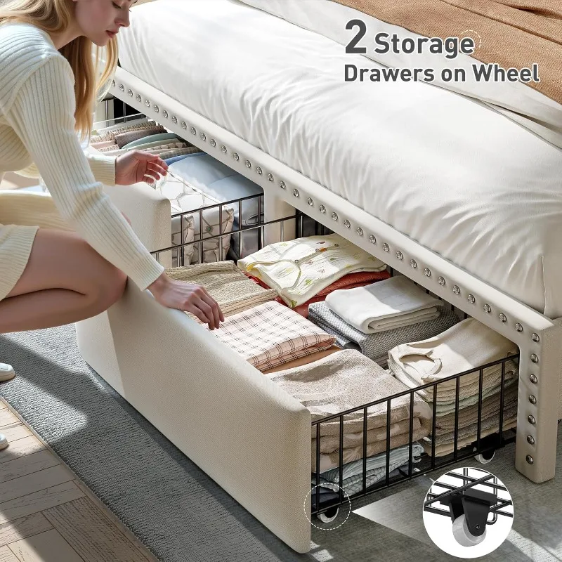 إطار سرير كوين مع درجين للتخزين، وسرير بمنصة منجدة مع أضواء LED ومحطة شحن، وسلا خشبية قوية