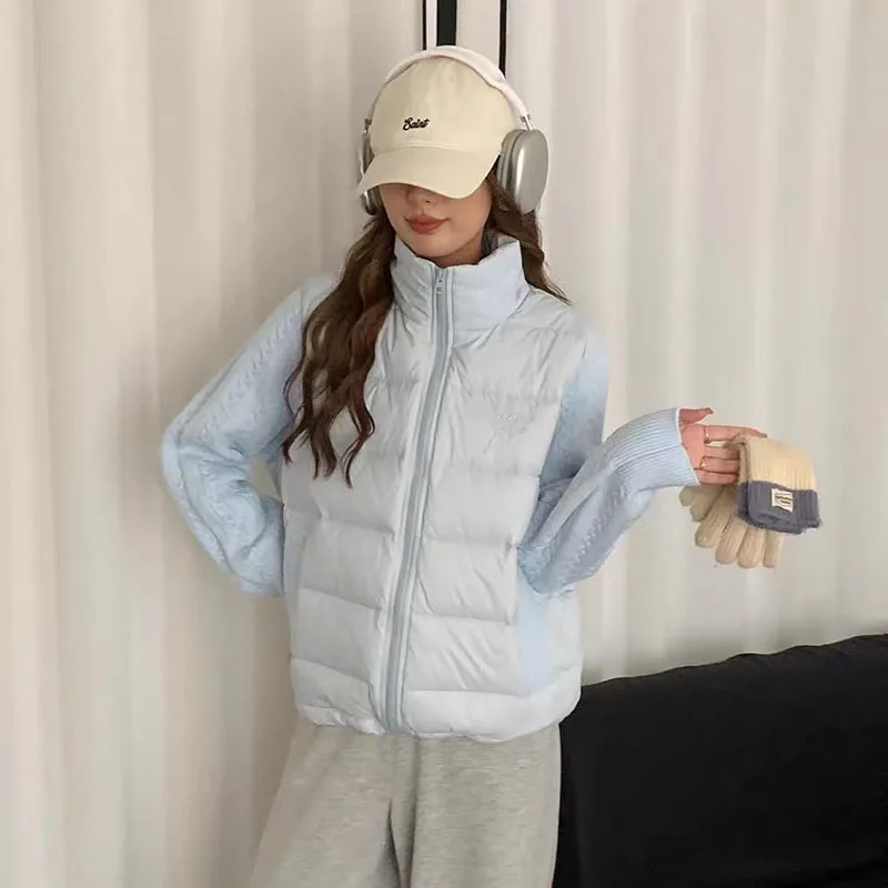 Winter Patchwork Parkas for Women Thick Warm Knitted Sleeve Splicing Puffy Coats Korean Loose Preppy Zipper Down Outwear New