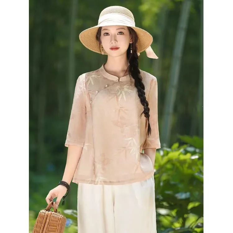 plus Size Women's Printed Cotton Linen Base Shirt Stand Collar T-Shirt Belly Cover Spring Summer New Chinese Style Artistic C...