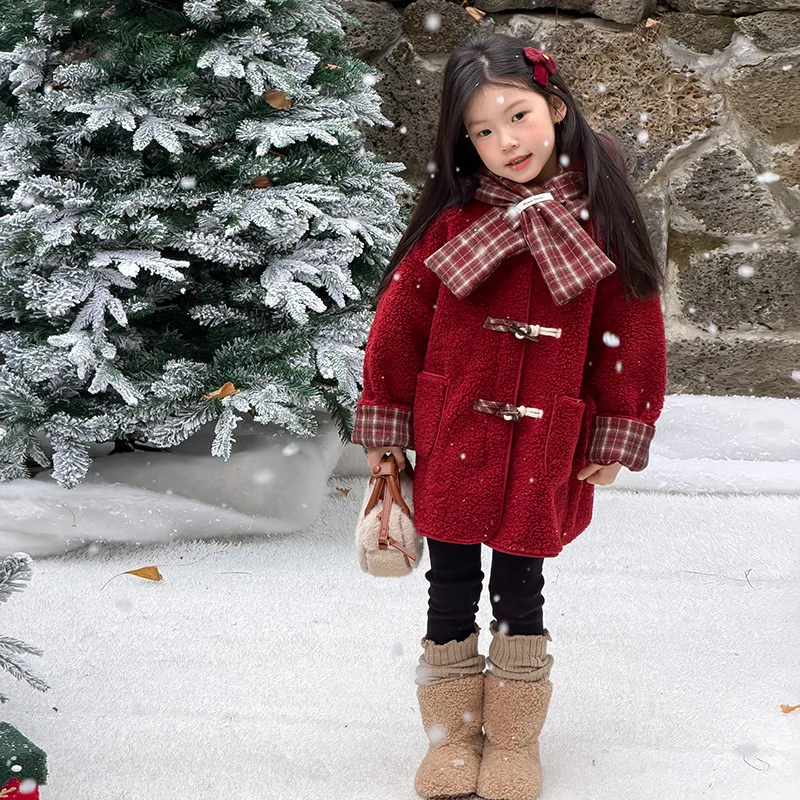2025 Winter Girls Red Festive New Year Wear Horn Button Mid-Length Coat Plush Warm Hooded Jacket Boutique Clothing Simple Style