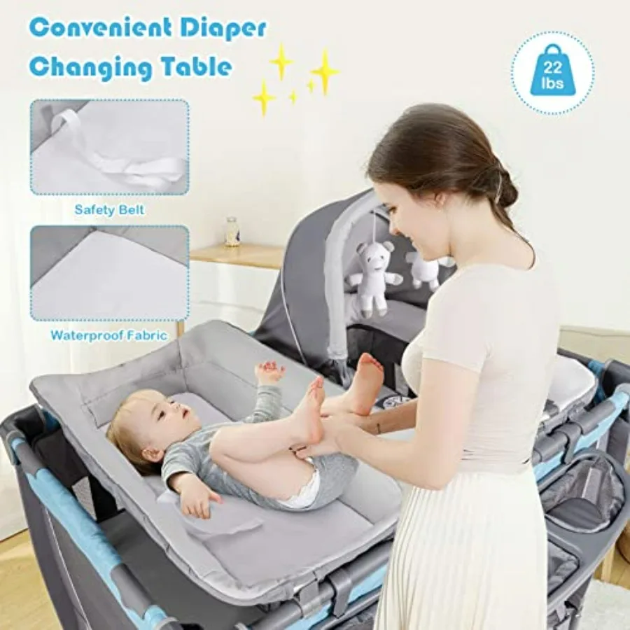 4-in-1 パックアンドプレイ（ベビーベッド付き）新生児用、青色の布製折りたたみ式デザイン、おむつ交換台、おむつ収納、音楽機能付き