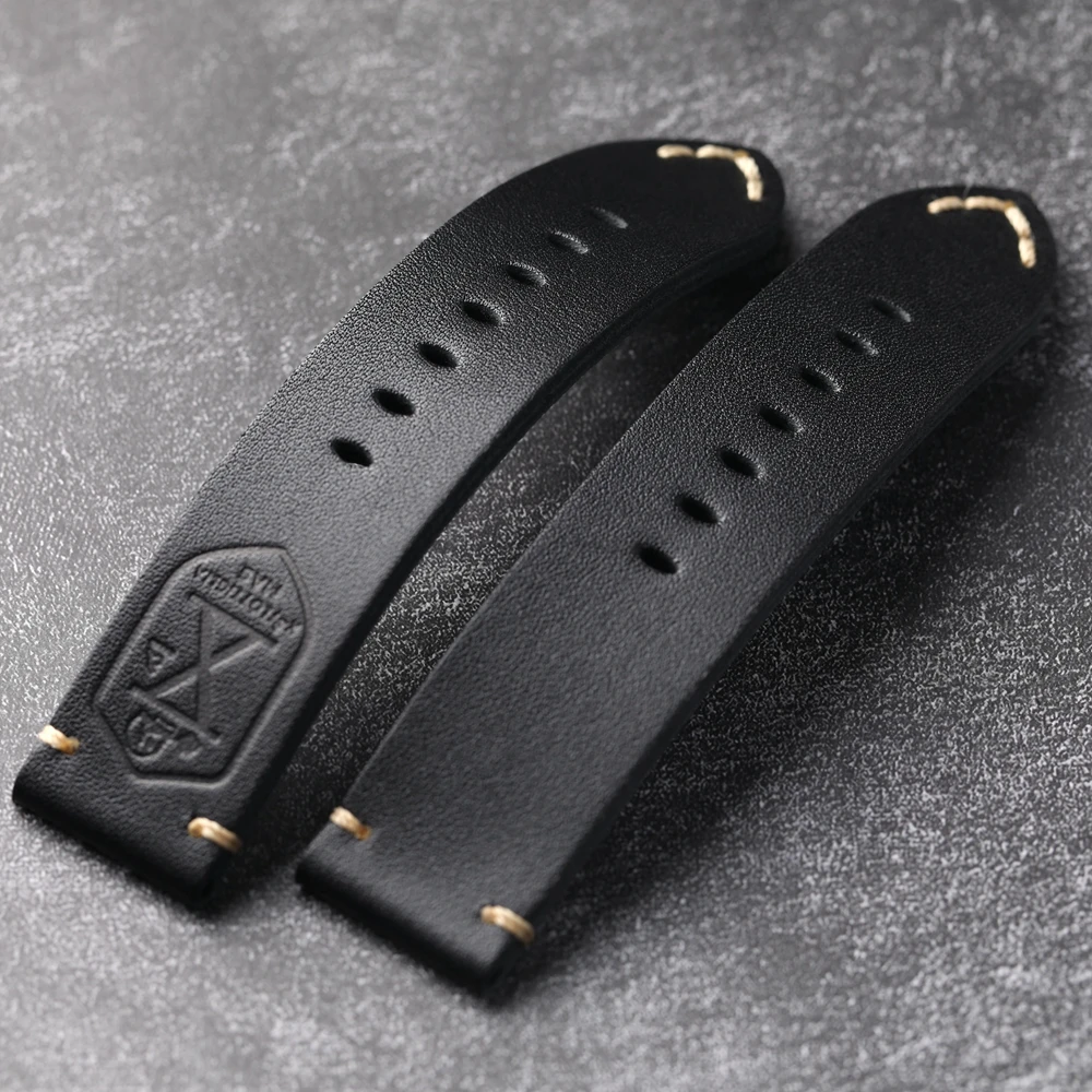 Handmade Head Layer Cowhide Leather Strap 20 22 24 26MM Black Soft Thickened Men Leather Vintage Strap Suitable For PAM1