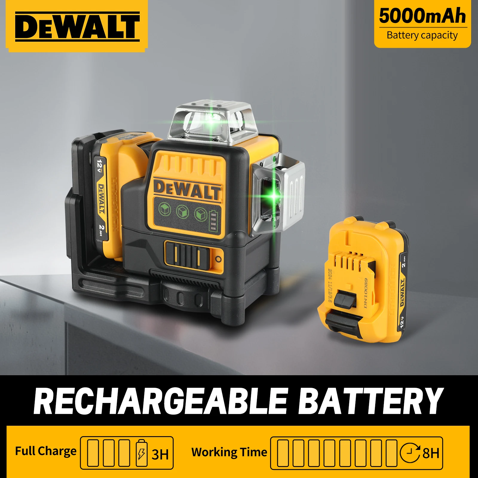 DEWALT 089 Green Laser Level 12-Line 3-Side 360° 12V Strong Light for Professional Construction Work