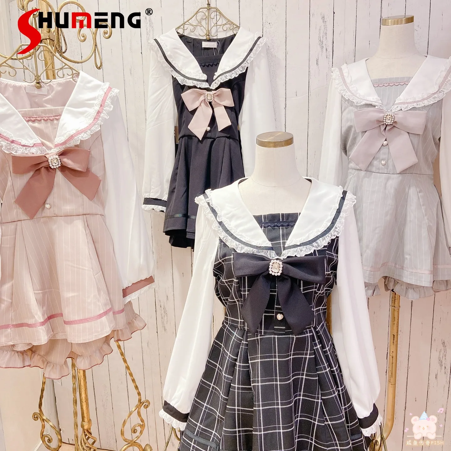 

Japanese Style Women's Outfits Sailor Collar Plaid Rhinestone Bow Dress Shorts Set Sweet Lolita Mine Series Dress Two-Piece Suit