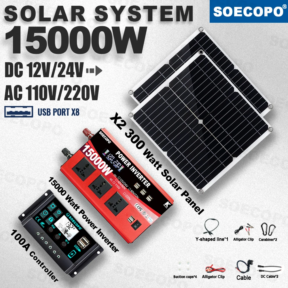 

SOECOPO 15000W Peak Solar Kit 2 Panel 100A Controller 12V/24V DC To 110V 220V AC Inverter with 8×USB for Boat Camp RV Charging