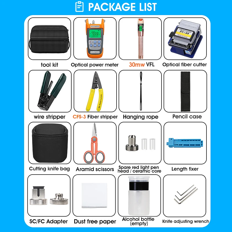 光ファイバーツールキット FC-6S ファイバークリーバー 光パワーメーター (OPM) 30mw 視覚的障害ロケーター (VFL) ファイバーストリッパー FTTH ツール
