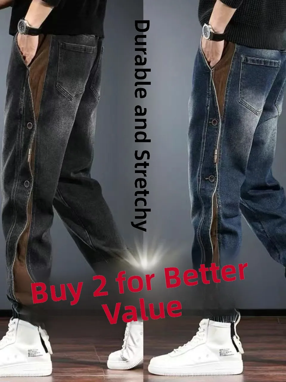 

Retro American Patchwork Denim Jeans Men's Spring Autumn Sle Harlan Wear Resistant Workwear Loose Cuffed Casual Pants