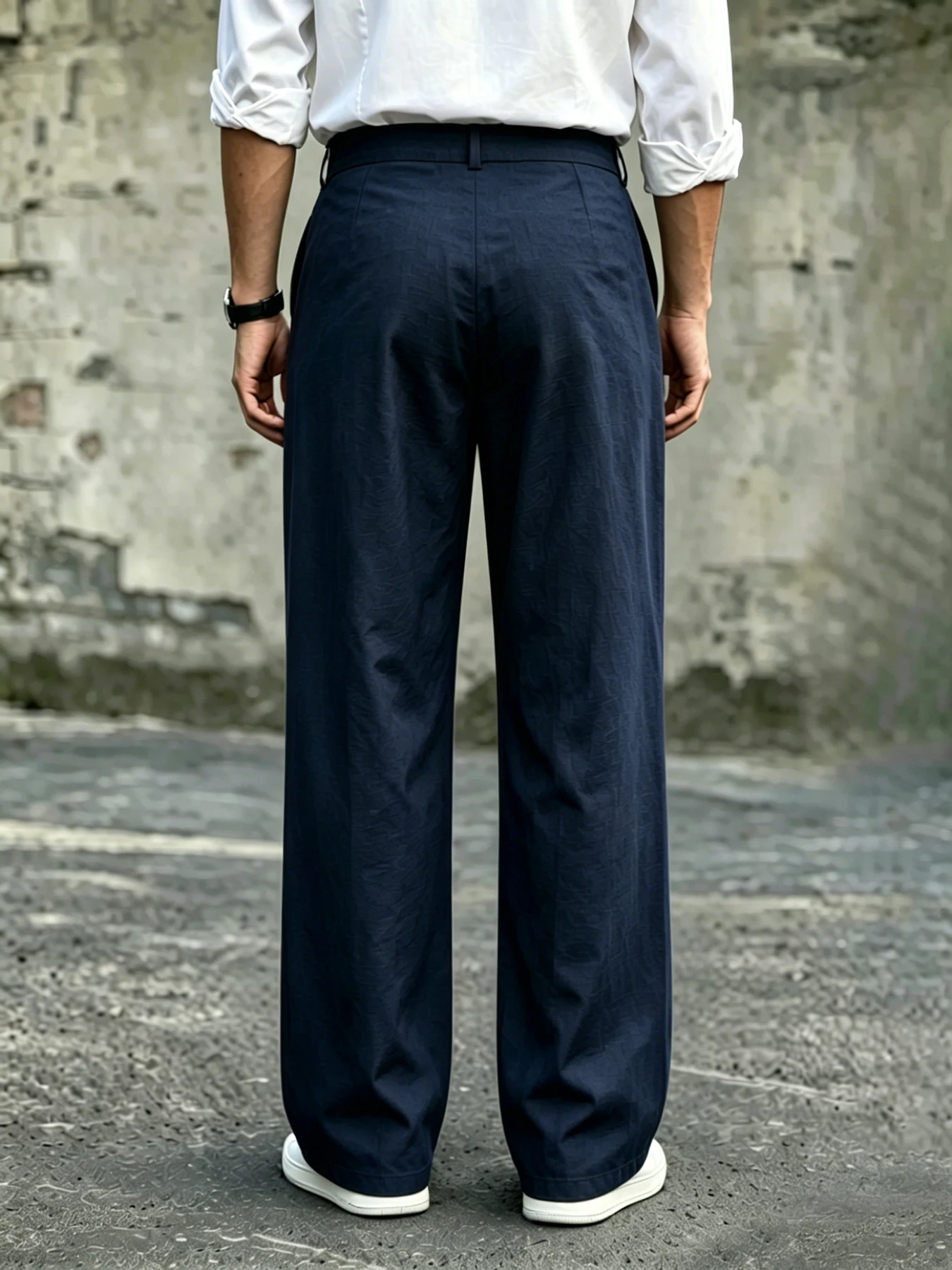 Herrenhose mit hoher Taille, doppelt plissiert, weites Bein, drapierend, knitterfrei, atmungsaktiv, aus strukturiertem Stoff, für Büro und Arbeit. – Detail 4