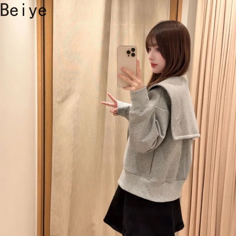 Big Sailor Collar Cropped Hoodie Jackets Women Zip‑Up Loose Long Sleeve Casual Coats Female Japanese Style Streetwear Jacket
