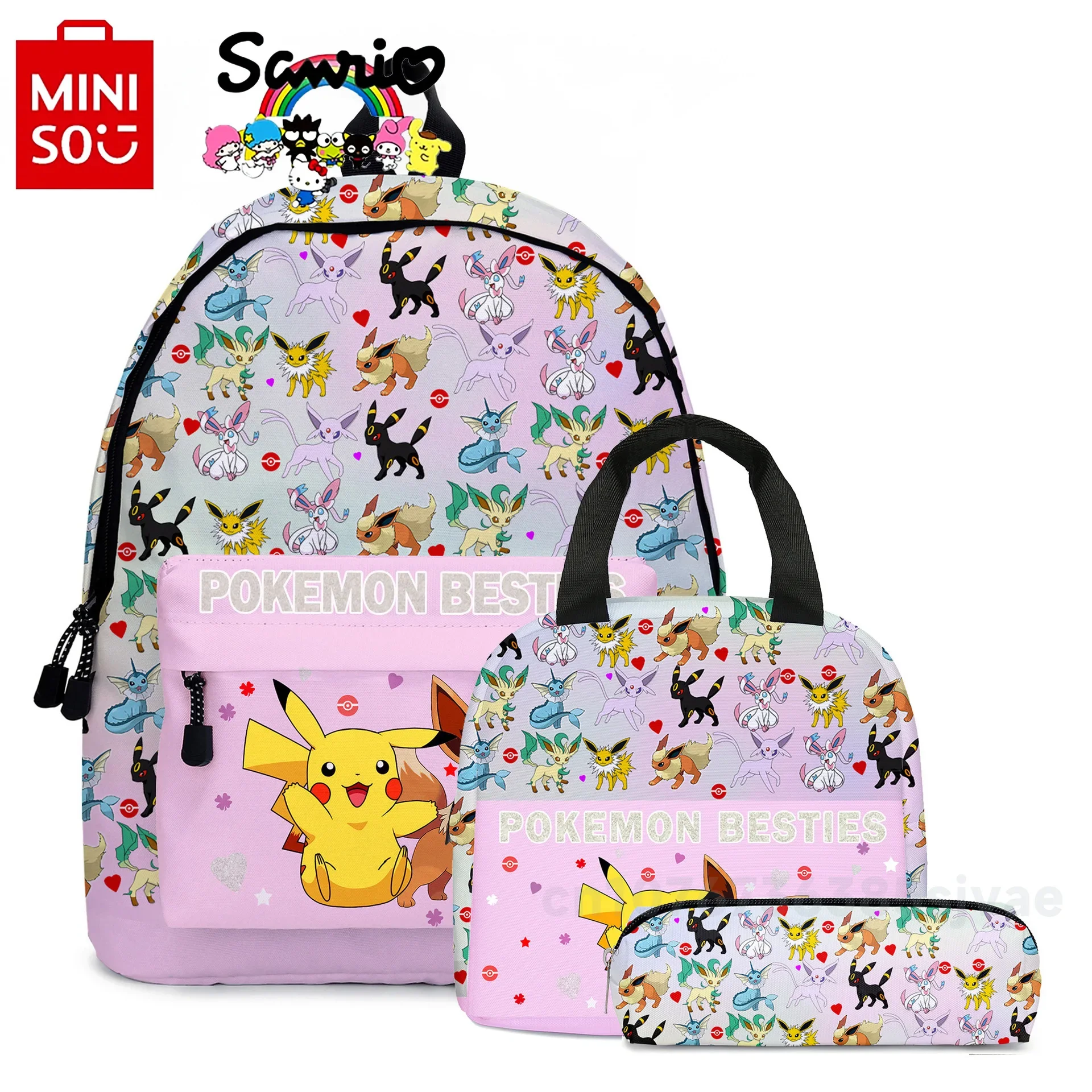 Miniso Pikachu New Student Backpack Fashion High Quality 3-Piece Set Women's Backpack Cartoon Large Capacity Men's Backpack