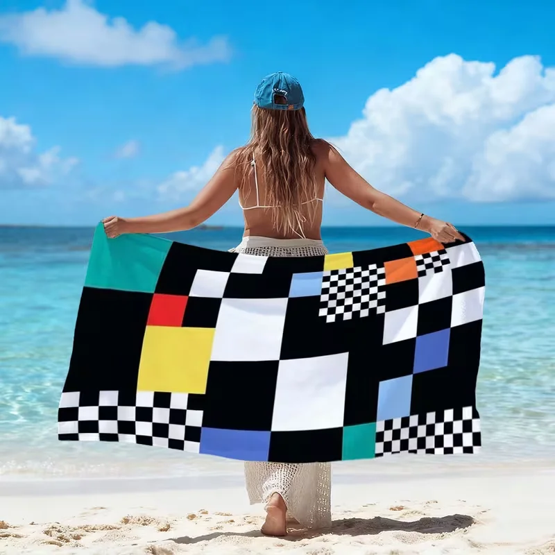 Geometric Checkerboard Patchwork Print Beach Towel Colorful Block Plaid Pattern Quick Dry Soft Sand Free Towel for Summer