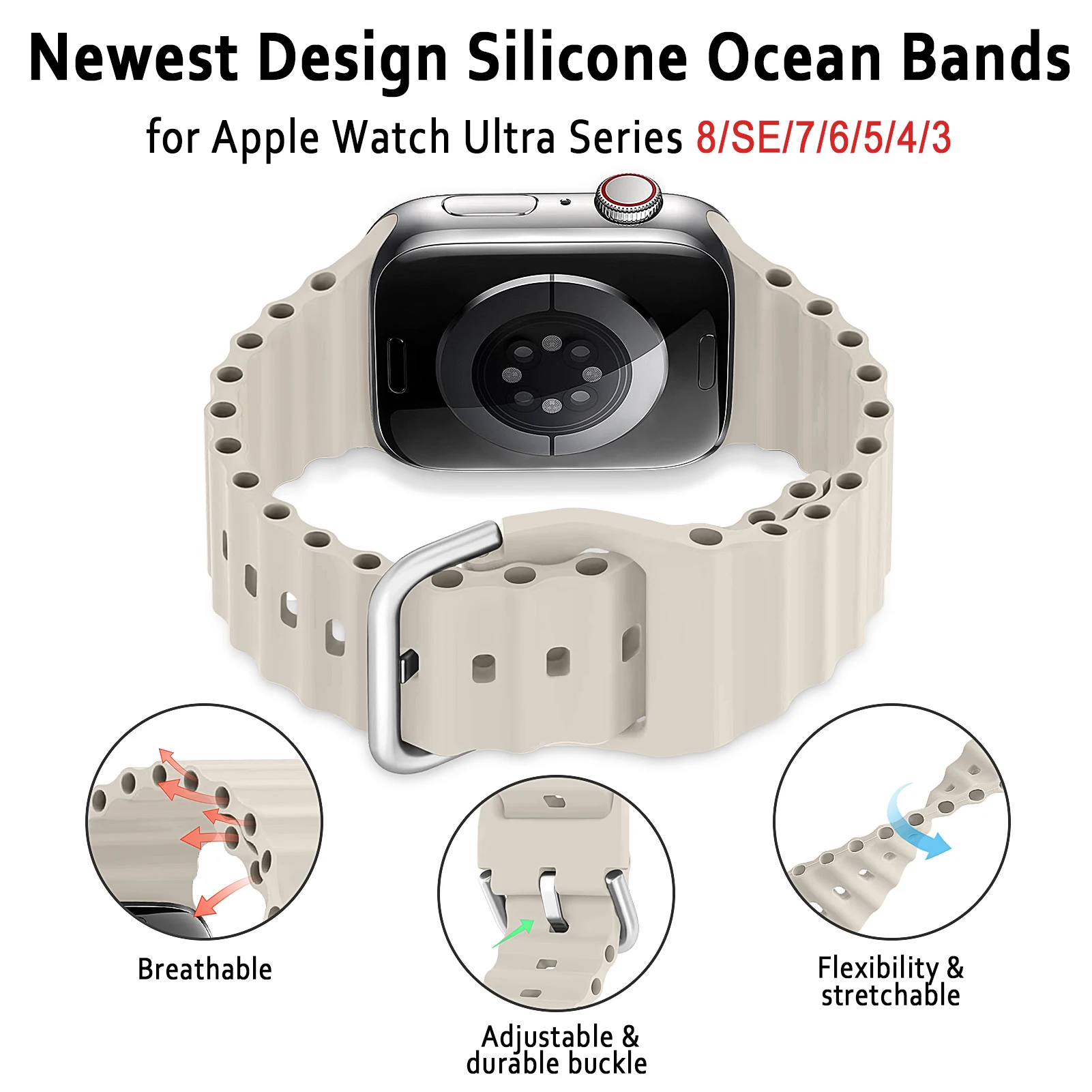 Ocean Band for Apple Watch Band 45mm 44mm 40mm 41mm 42mm 38mm series 7 6 3 se 8 45 mm Silicone bracelet iWatch ultra 49mm Strap