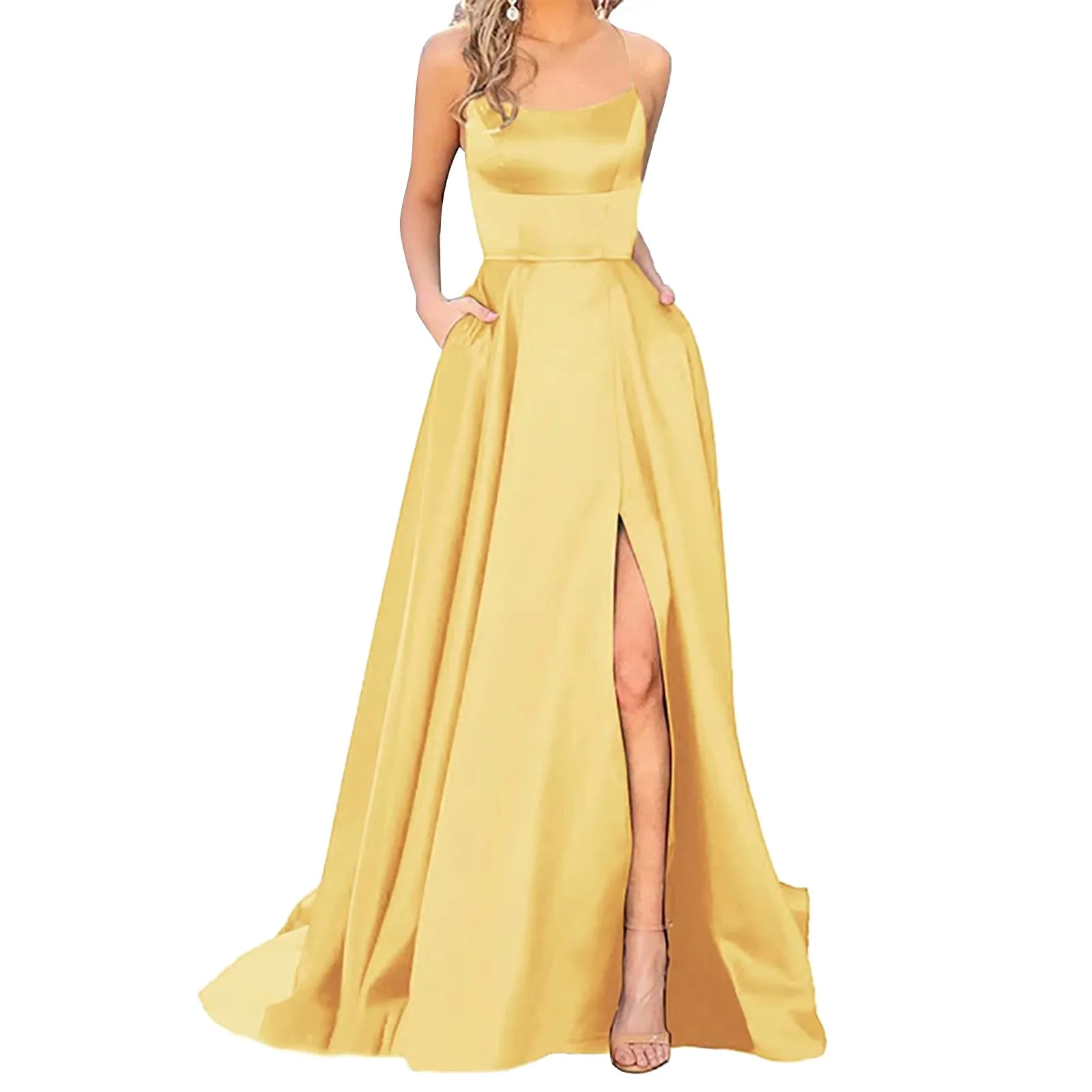 Sexy rückenfreies langes Abendkleid, lila, seitlich geschlitztes Maxikleid für Damen, A-Linie, Spaghettiträger, Satin, formelle Abendkleider