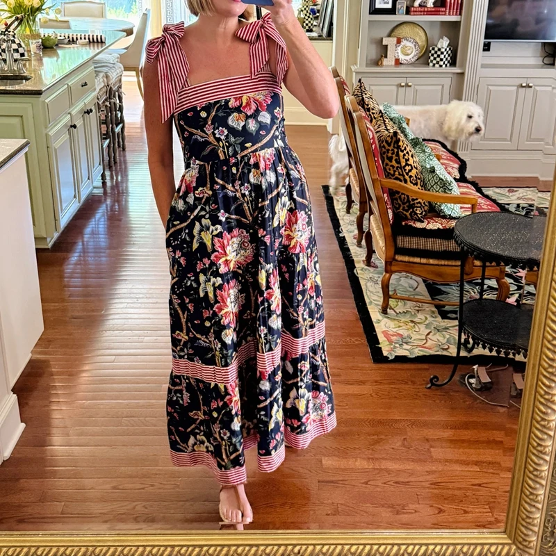 Maemukilabe feminino cottage boho maxi vestido floral gravata ombro flowy vestido longo verão praia pescoço quadrado babado em camadas vestido de verão