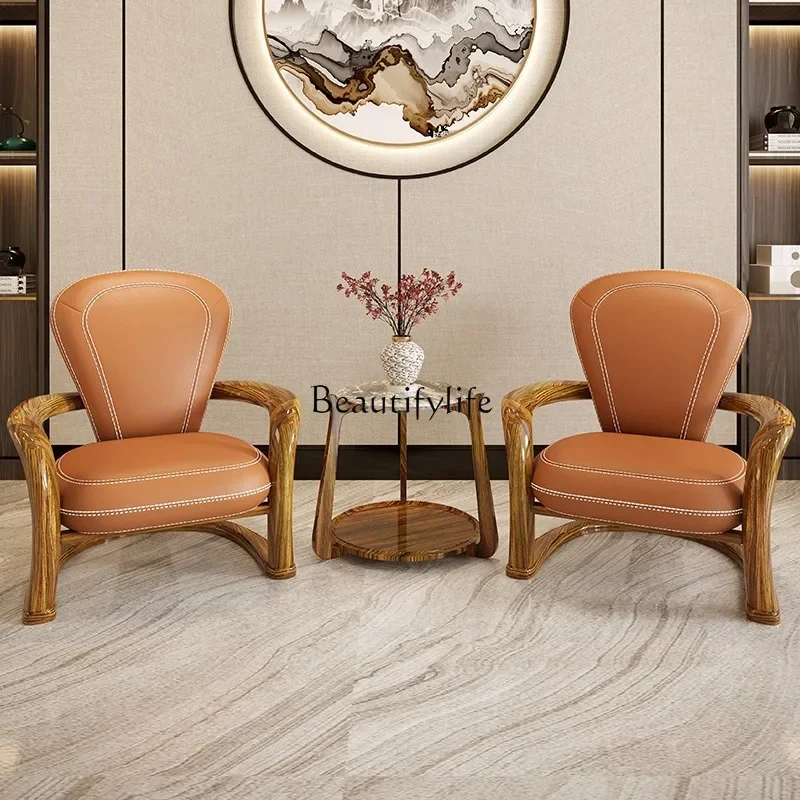 

ld25 Ebony leather modern new Chinese simple casual solid wood cowhide swivel chair single