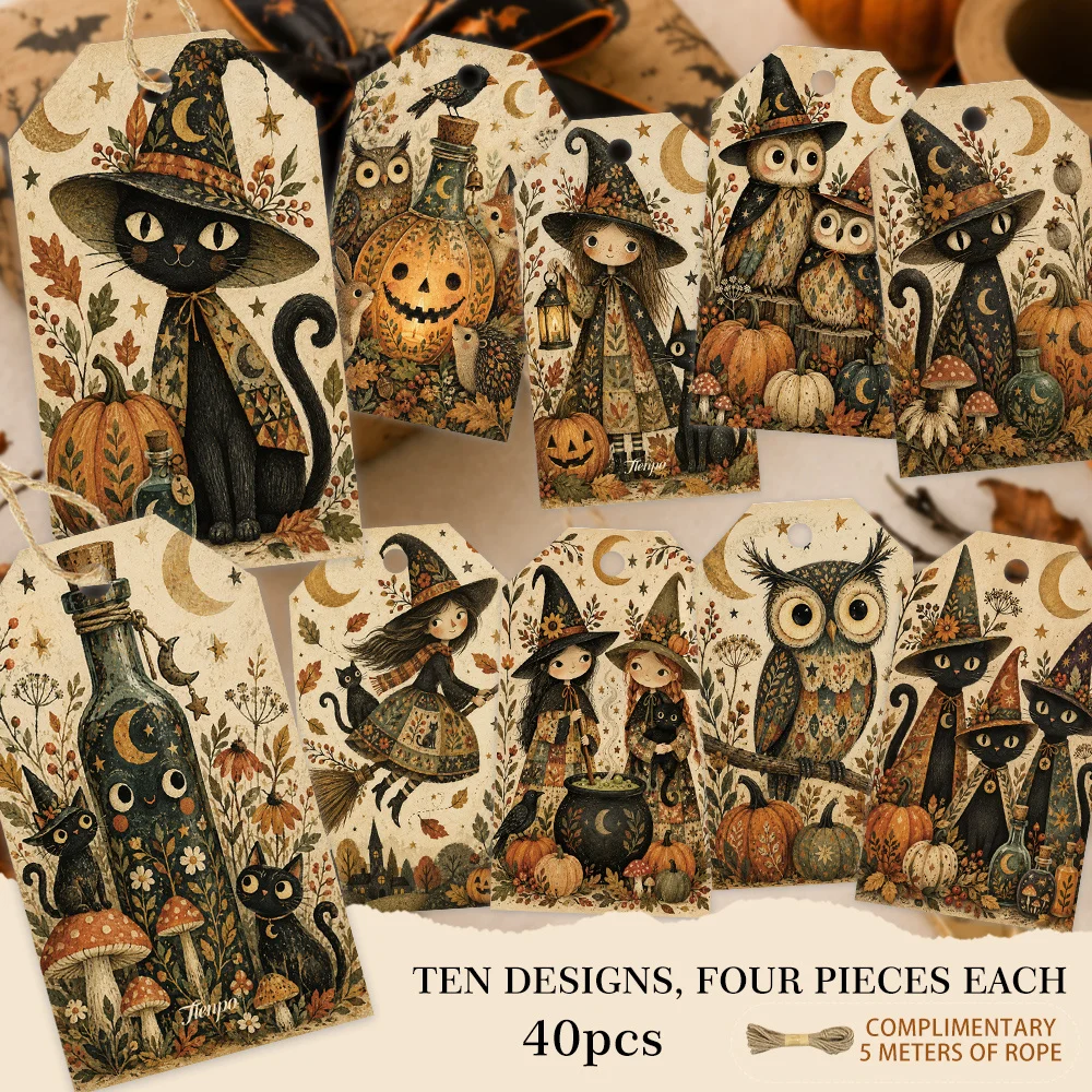 40pcs, Gift Tags, Vintage Folk Halloween Theme, Hanging Paper Labels for Gift Wrapping, Holiday Party Decor with String