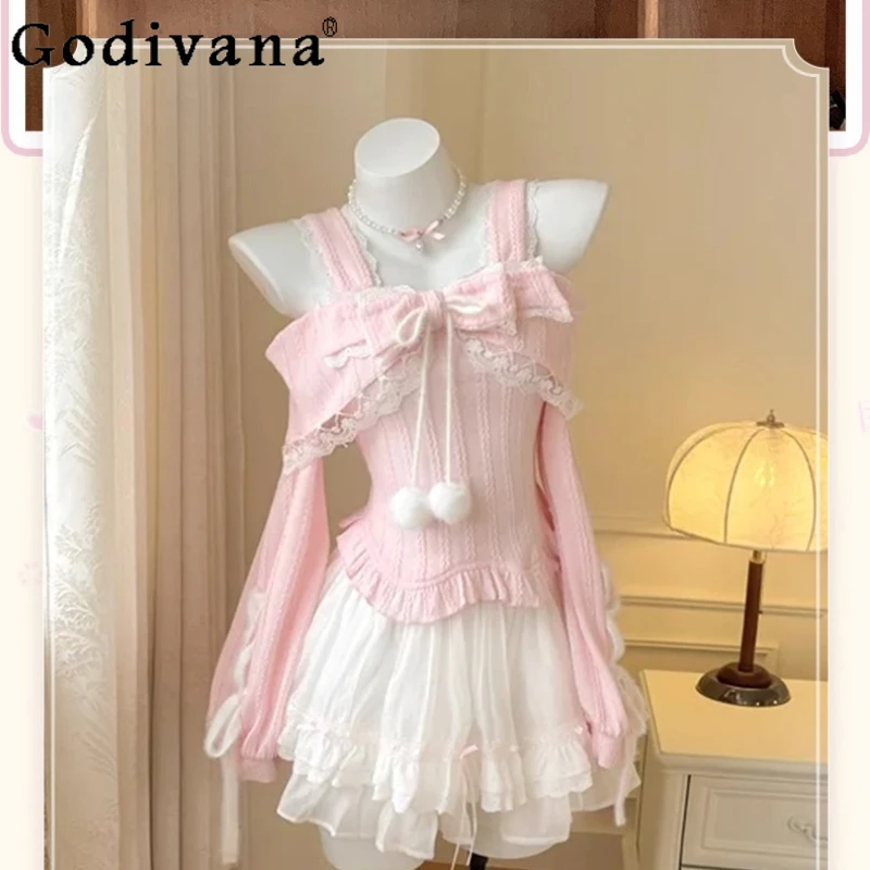 

Japanese Soft Girl Lo Pink Long Sleeve Off-Shoulder Top Skirt 2-Piece Set Autumn Sweet Big Bow Top and Skirt Women's Outfits