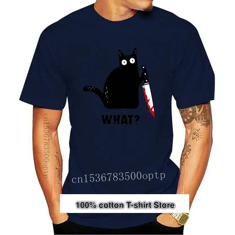 Camiseta divertida de Halloween con Gato asesino y cuchillo, camisa suave de algodón con cuello redondo y 100% de talla europea