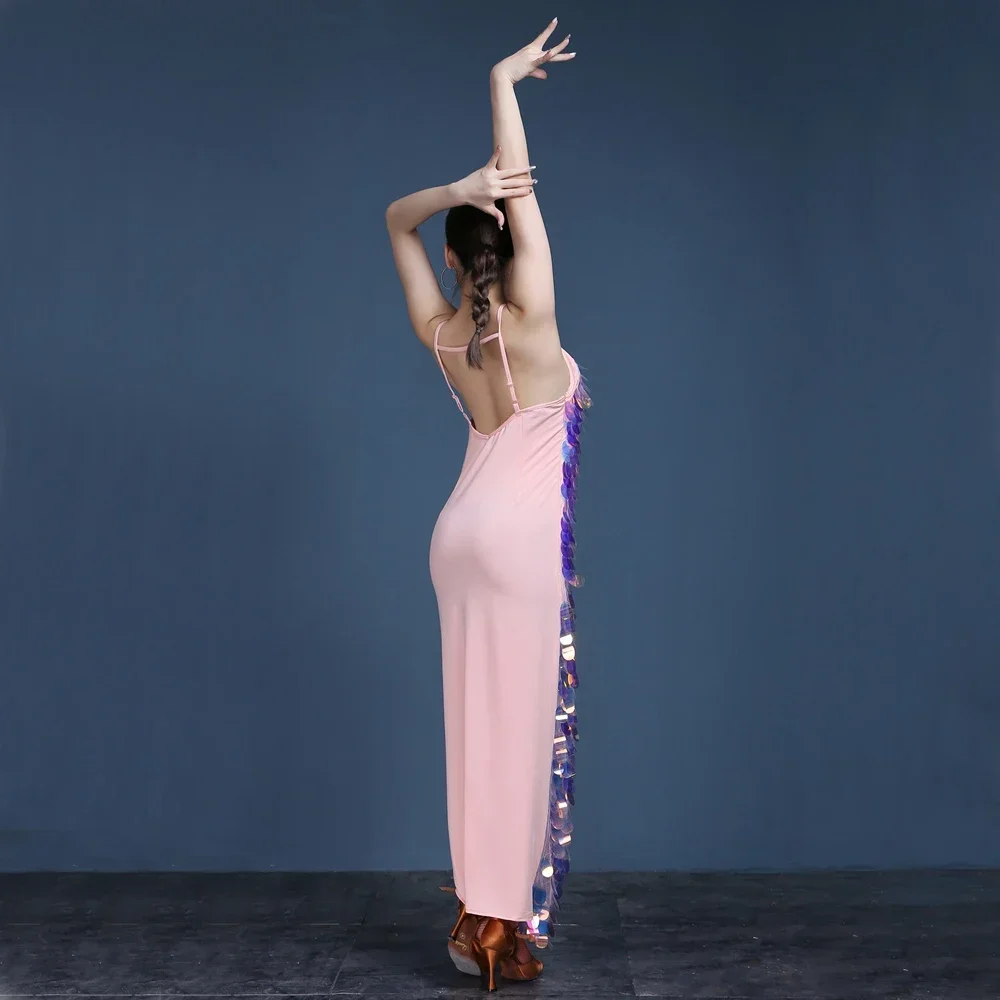 Belly Dance Long Dresses Mermaid Costume Women Dance Wear Spandex Stretchy Satin Multicolor Squama Sequins Strap Dress