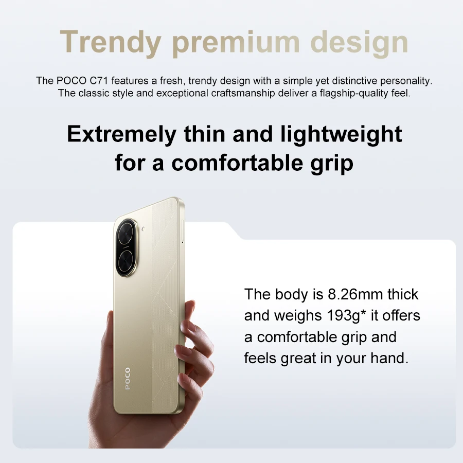 الإصدار العالمي للهاتف الذكي POCO C71 بطارية 128 جيجابايت 5200 مللي أمبير في الساعة شاشة AMOLED 6.88 بوصة / 120 هرتز كاميرا رئيسية 32 ميجابكسل شحن سريع 15 وات