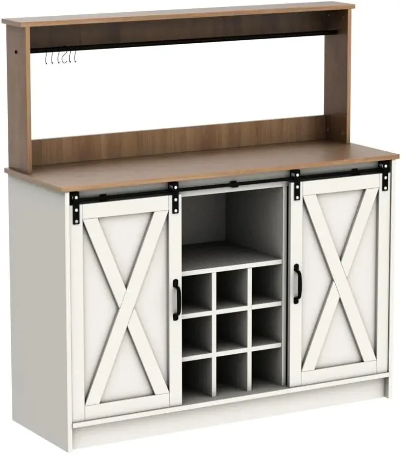 Coffee Bar Cabinet with 6 Hooks, 47'' Kitchen Coffee Bar with Hutch and 9 Wink Racks, White Coffee Bar Table