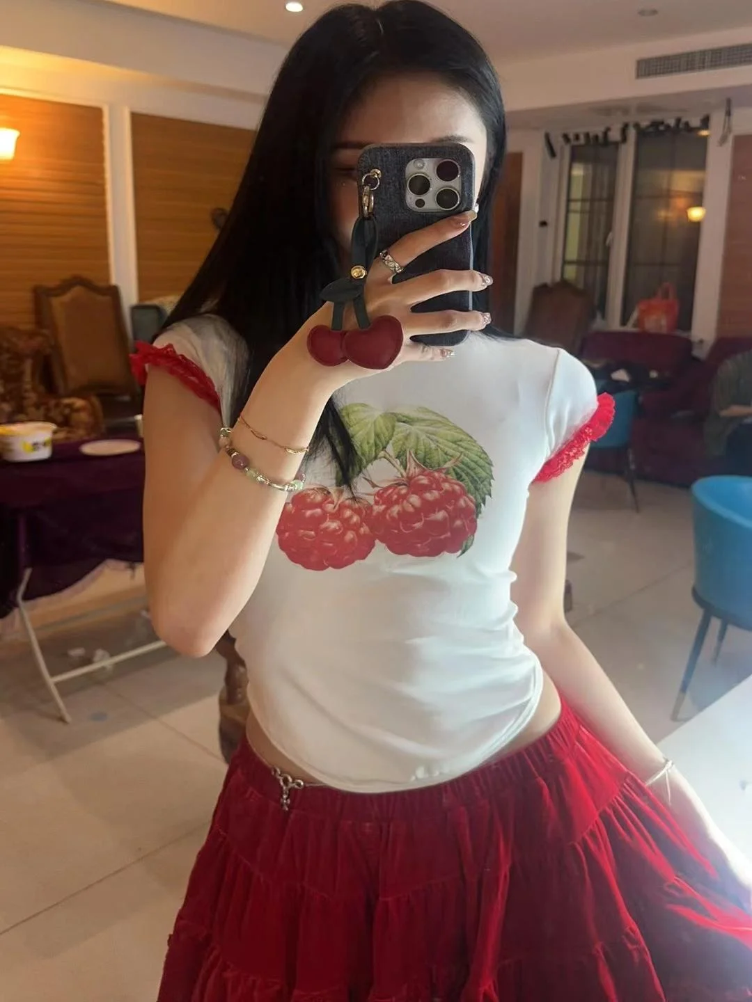 

Red Velvet Retro Heavy Work Double Layer Cake Skirt Pants MUAKISS Zhou Jieqing Sweet Sle A-Line Midi Skirt for Women