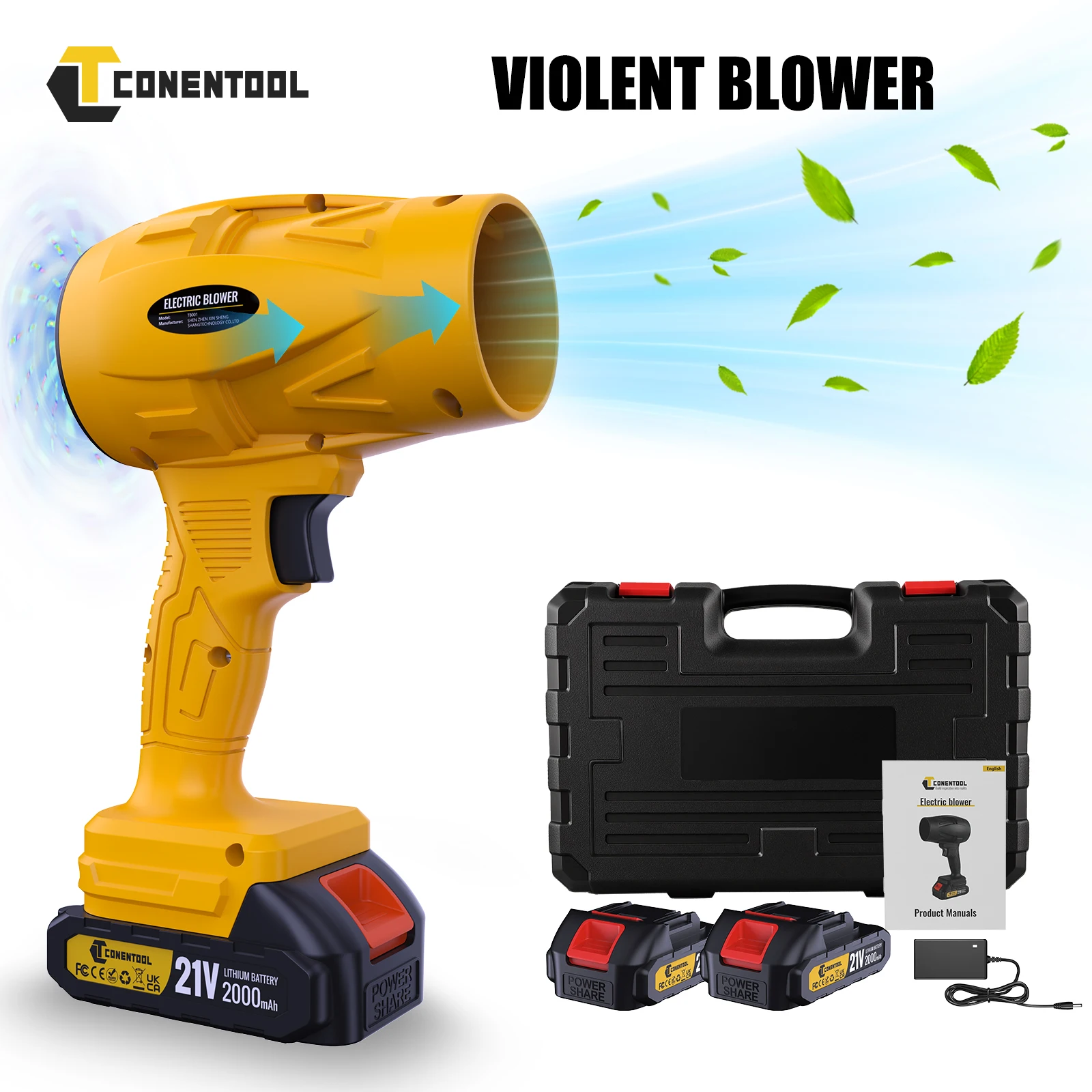 CONENTOOL Turbo ventilateur 200 m/S ventilateurs électrique portatif Jet ventilateur feuille de neige poussière outils de soufflage 2 Batteries pour Makita 18V batterie broche