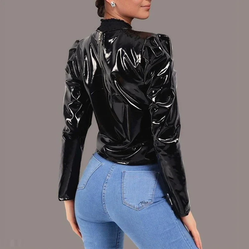 Women Latex Patent Leather O-Neck Tops Long Sleeve Shirt Pullovers PVC Jackets Plus Size Black Red PU Leather Short Coats Custom