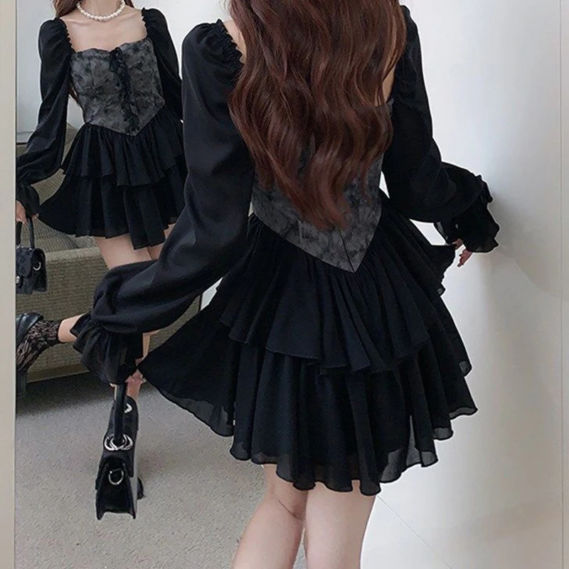 Women Retro Sweet Lace Up Gothic Harajuku Irregular Party Dresses Y2K Sexy Off Shoulder Long Sleeve Slim Club Mini Dress Vestido