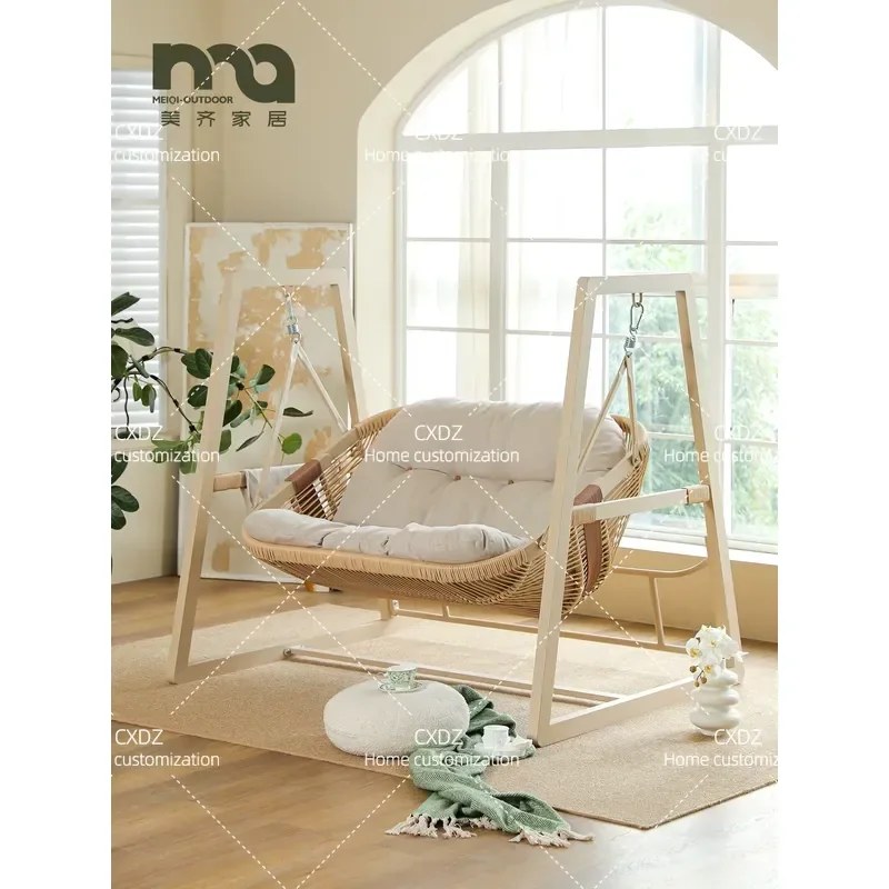 Outdoor Rattan Swing Chair Double Seating Hanging Cradle for Courtyard Villa Balcony Garden Leisure Furniture