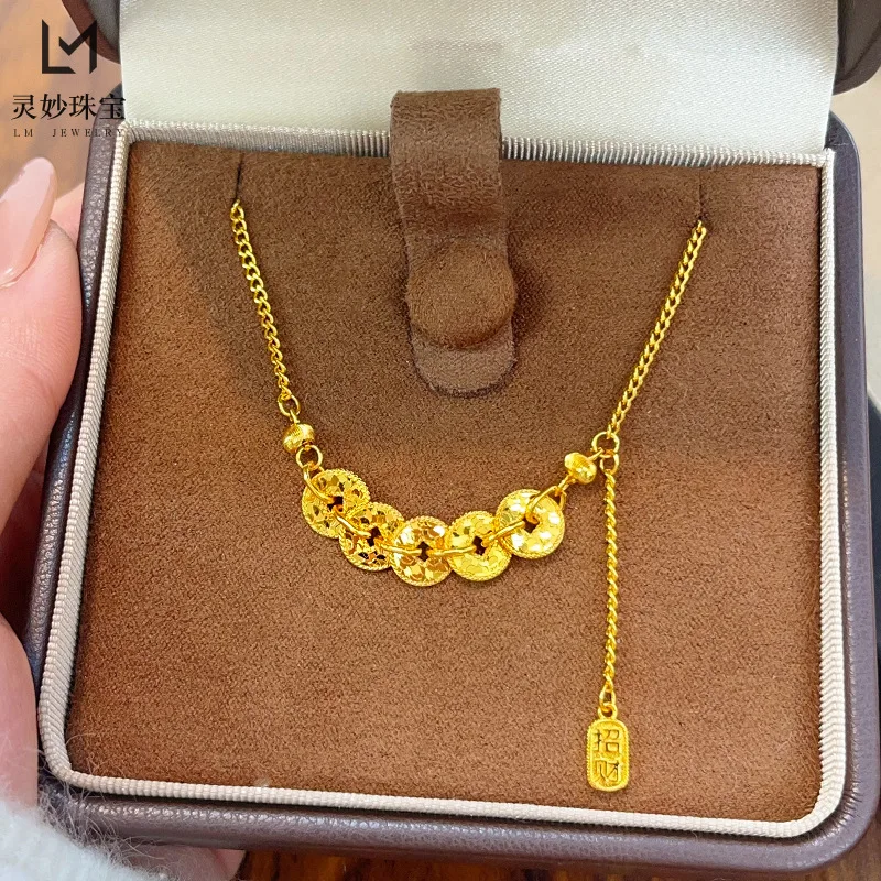 

Роскошные ювелирные изделия из настоящего золота 9999, ожерелье с пятью императорами и деньгами, цепочка на ключицу с кисточкой для монет