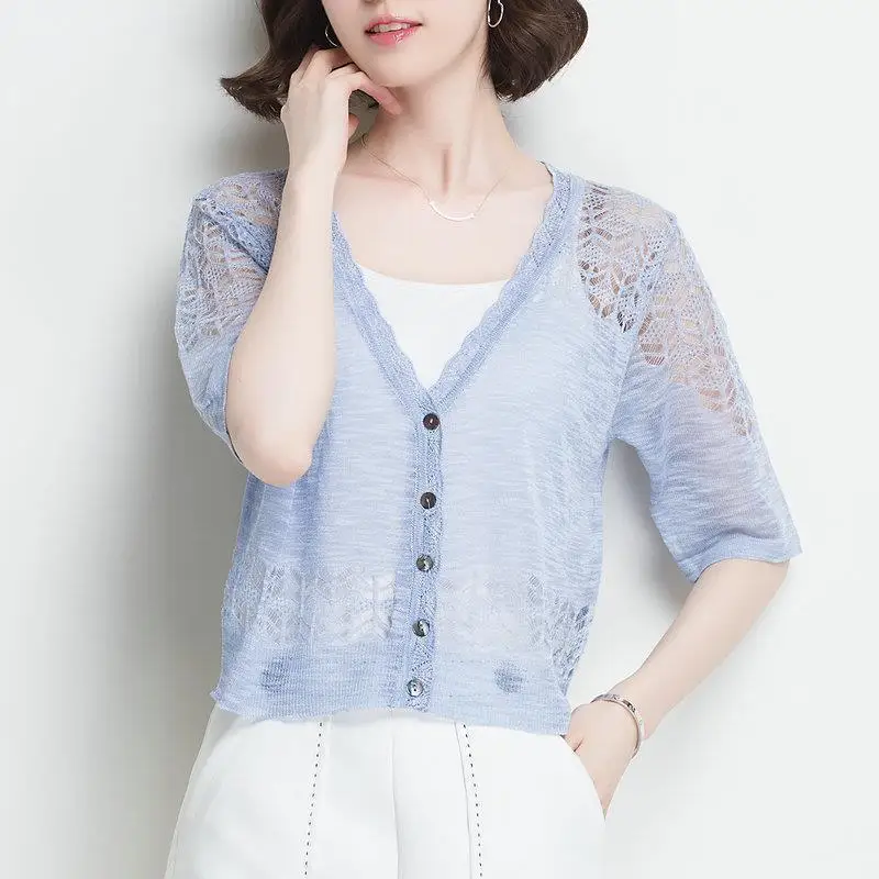 Spring Summer Solid Casual Loose Lace Thin Short Sleeve Knitted Cardigan Women\'s Clothing Elegant V-neck Soft Basic Commute Tops