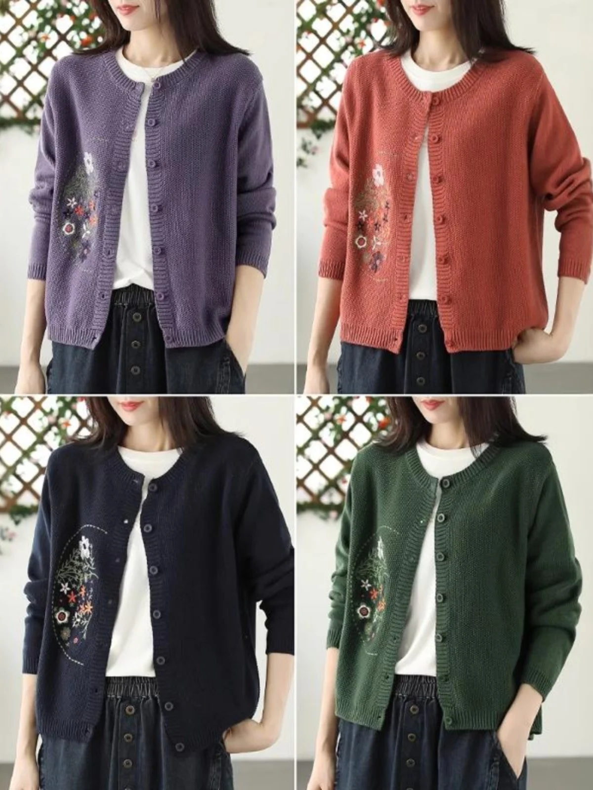 ショートニットカーディガン レディース 綿糸刺繍 ラウンドネック 長袖セータージャケット トレンディ 通勤スタイル アーティスティック ルーズフィット