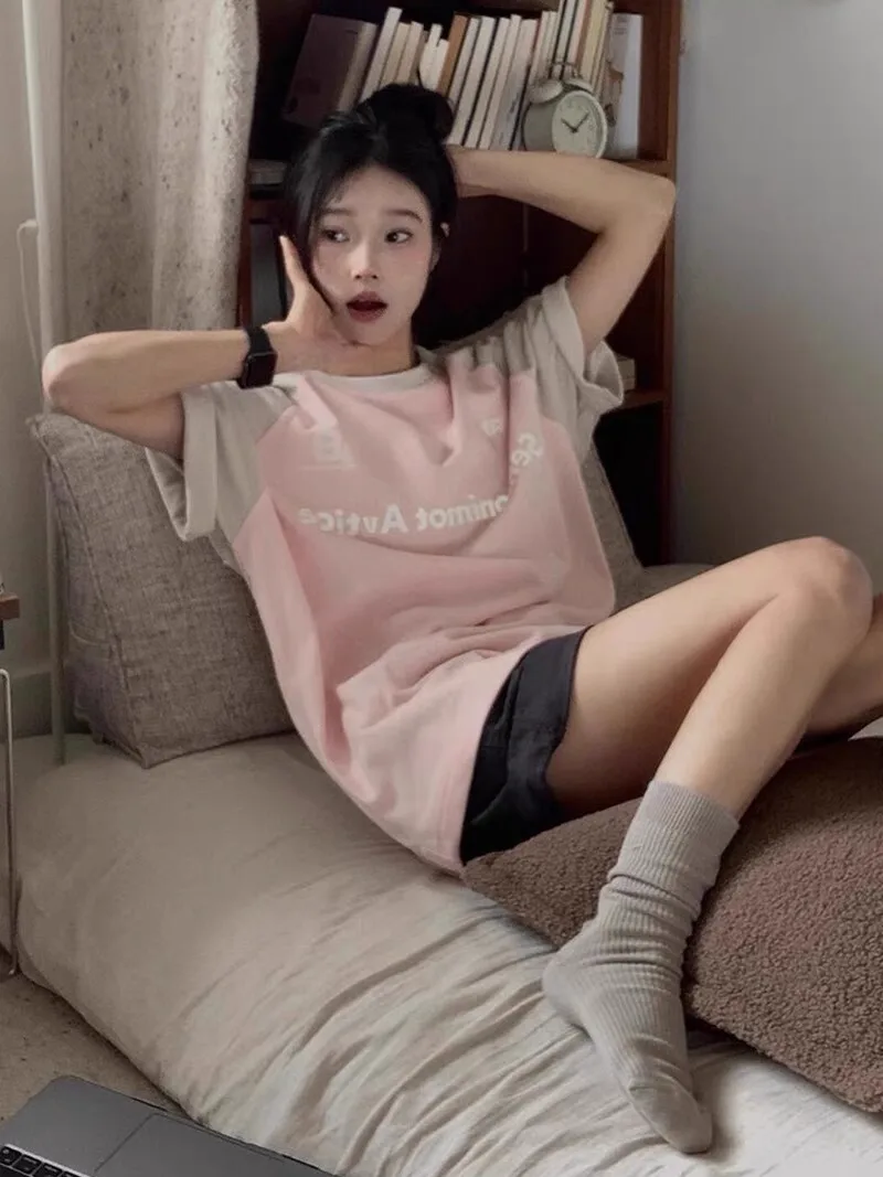 퓨어 코튼 숄더 인서트 반소매 티셔츠 여성 여름 슬림 피트 스파이시 걸 디자인 센세이션 스몰 컬러 충돌 탑