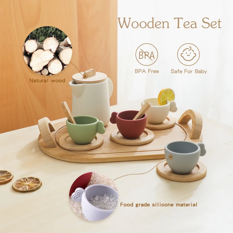 10pc Baby Coffee Machine Toy Set Wooden Kitchen Supplies Coffee Machine Model Children Play Simulation Coffee Cake Pretend Toys