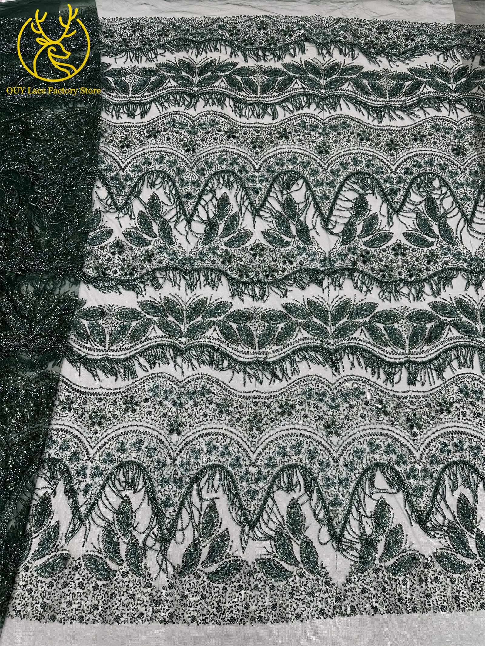 Goldener 3D-Hängeperlen-Spitzenstoff, hochwertiger afrikanischer Spitzenstoff, luxuriöser französischer Tüll mit Pailletten für Hochzeits- und Partykleider – Detail 25