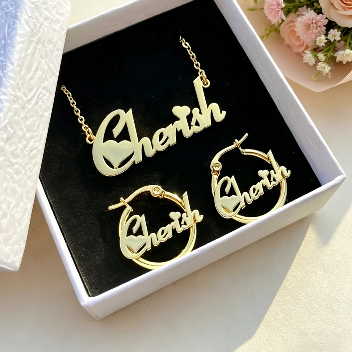 Personlized Custom Name Necklace Earring Jewelry Sets for Kid Baby Women Stainless Steel Customized Name Set Child Birthday Gift