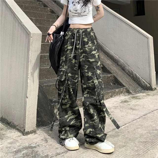 Pantaloni mimetici da donna americani tuta da studente pantaloni larghi a gamba larga con tasche dritte a vita alta con coulisse AliExpress