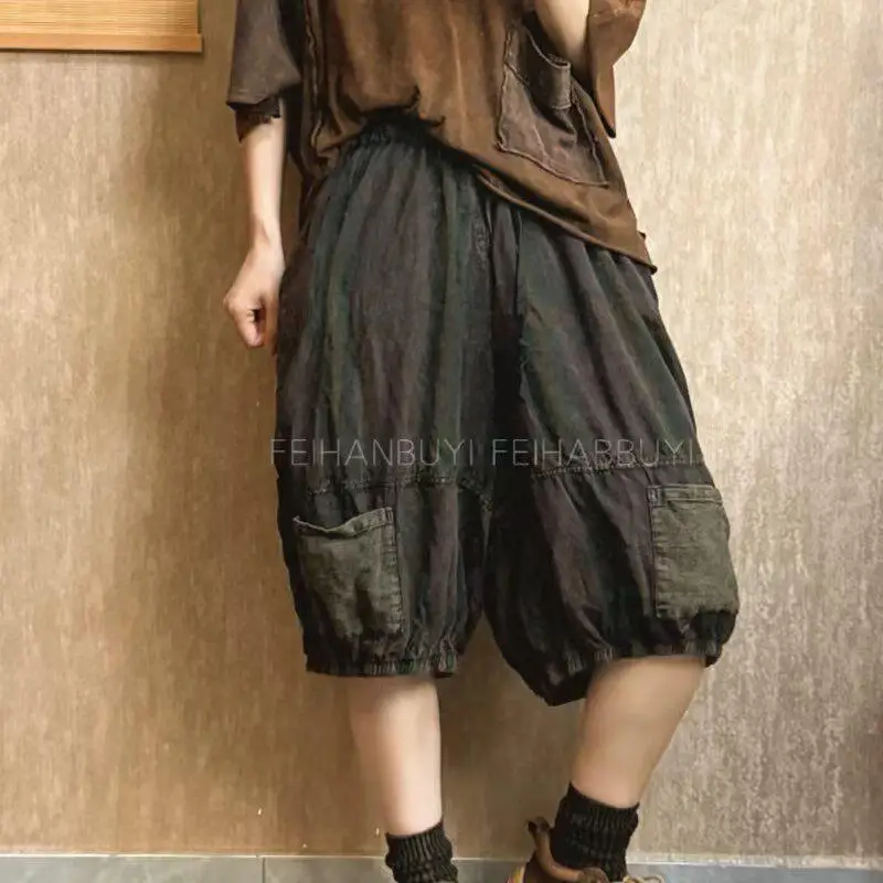 

Summer Arts Style Women Elastic Waist Loose Casual Knee Length Pants Double Pockets Design Cotton Linen Plaid Vintage Pants F633