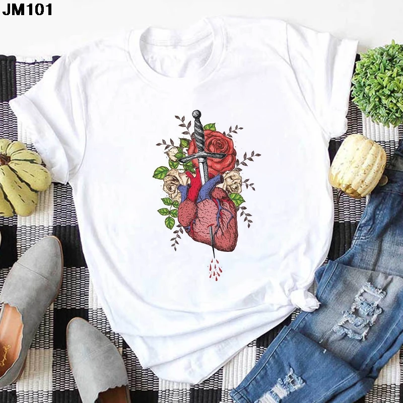 Art Heart Gedrukt Dames T-shirt Zomer Mode Streetwear Dunne T-shirt Harajuku Casual Korte Mouw Witte Top Tee Vrouwelijke T-shirt