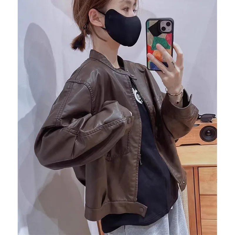 Women Stand Collar PU Leather Outwear Autumn Winter Female Short Leather Coat Lady Long Sleeves Faux Leather Jacket