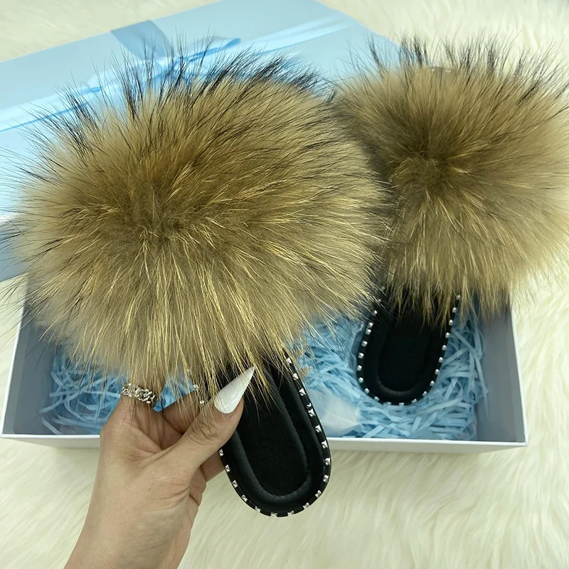 Flip Flops Women Summer Real Fur Flat Slippers 100% Natural Luxury Fox Fur Slides Ladies Rivet Jelly Shoes Furry Slides Sandals