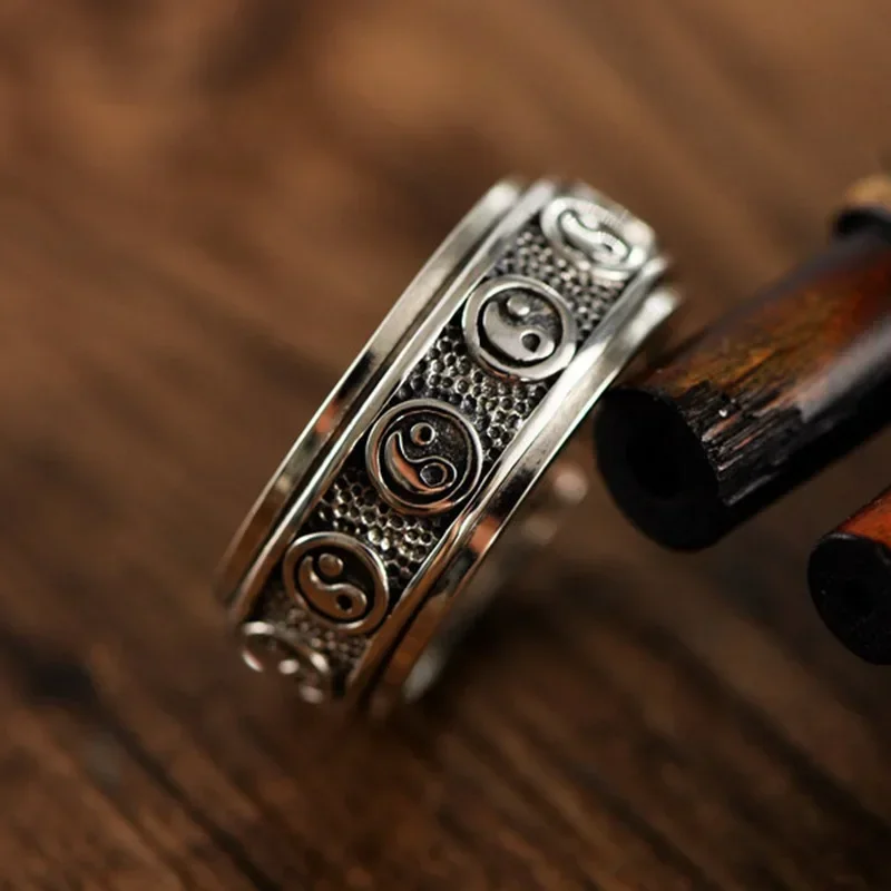Retro styl narodowy Tai Chi Bagua wykwintne 925 tajskie srebro obrotowe męskie pierścionki z twarzą wytłoczony wzór pierścionek z amuletem biżuteria